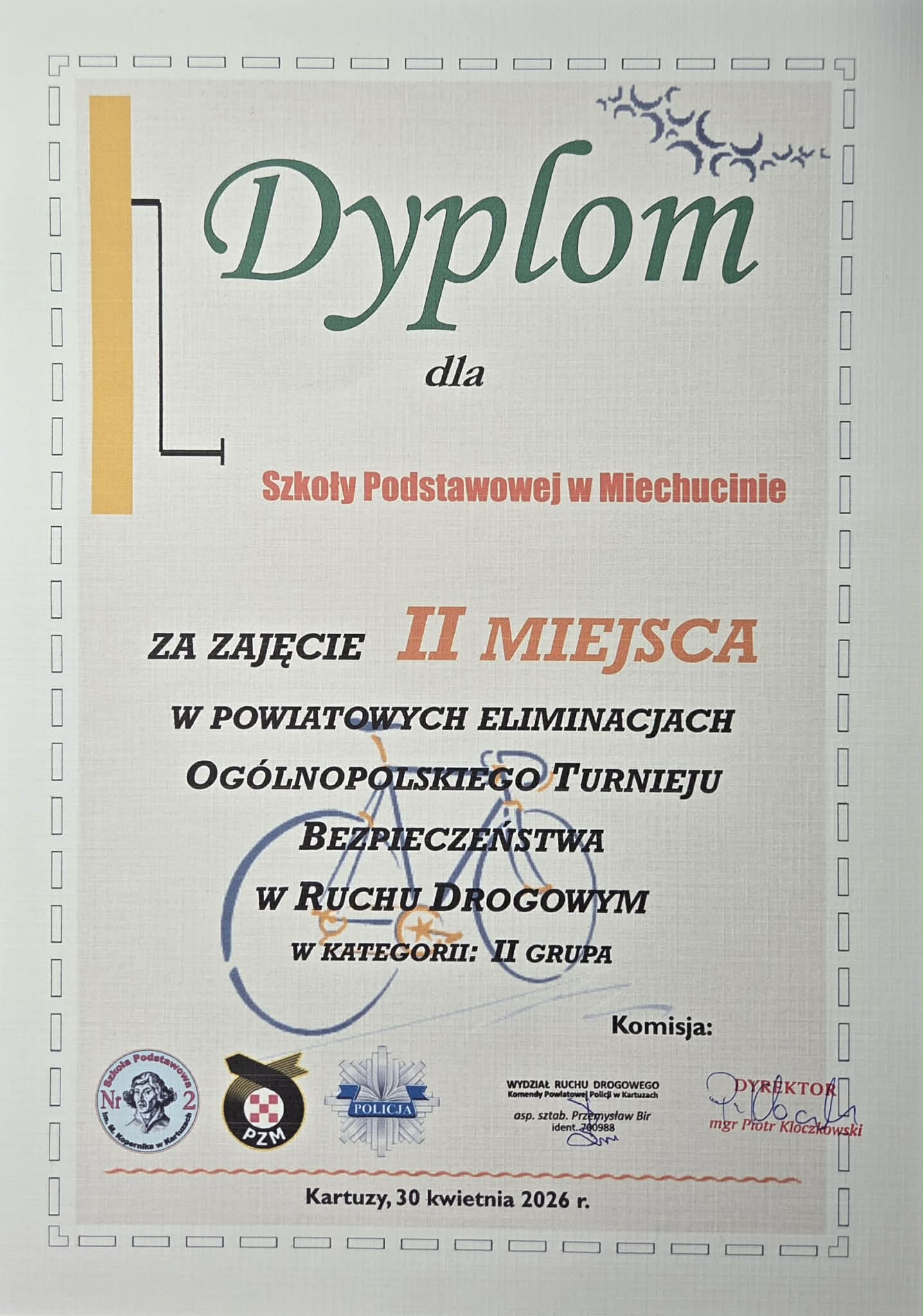 Dyplom dla szkoły podstawowej w Miechucinie za zdobycie II miejsca w turnieju BRD.