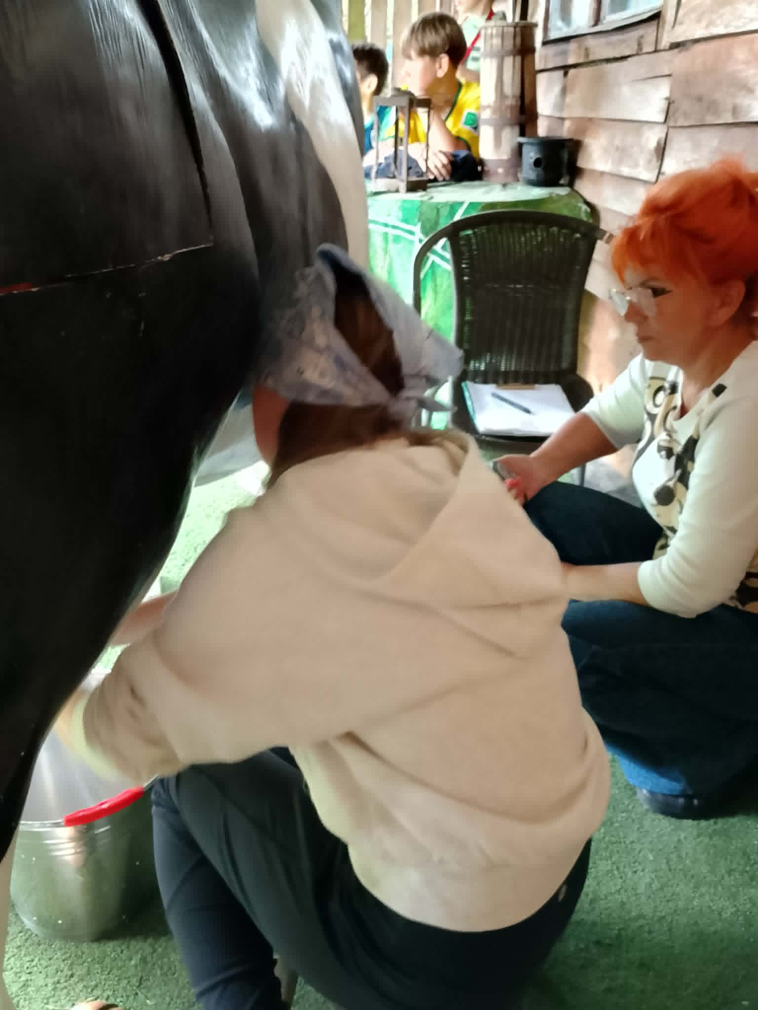Uczennica podczas konkurencji dojenia sztucznej krowy na czas .