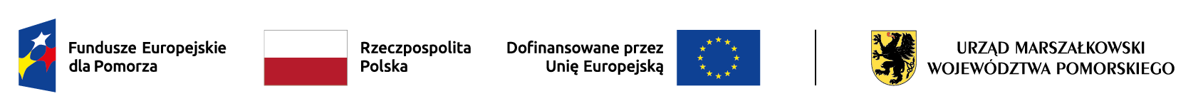 Na pasku znajduje się logo Funduszy Europejskich, flaga Rzeczpospolitej Polskiej, Flaga Unii Europejskiej, logo Urzędu Marszałkowskiego Województwa Pomorskiego.